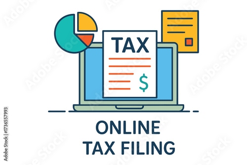 Online tax filing concept with laptop pie chart and document