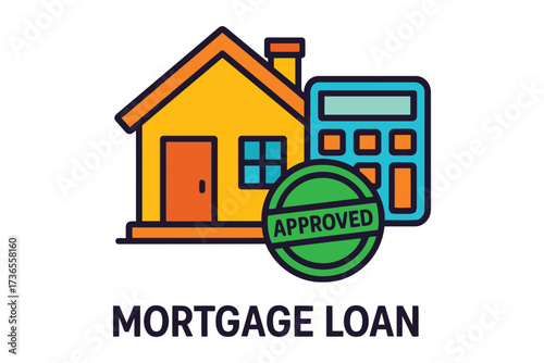 House mortgage loan approved with calculator and stamp icon