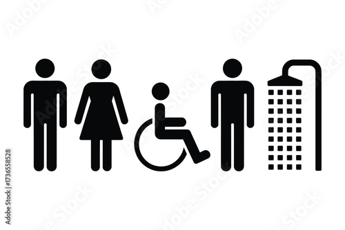 Inclusive restroom symbols showing men, women, disabled access, and shower facilities