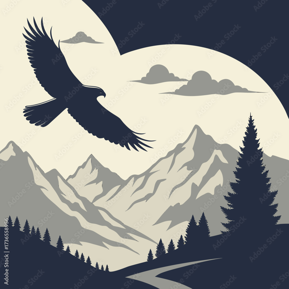 Naklejka premium An eagle soars over a mountain range with a pine tree in the foreground
