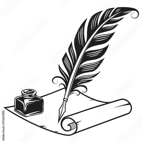 Elegant quill pen and inkwell on parchment