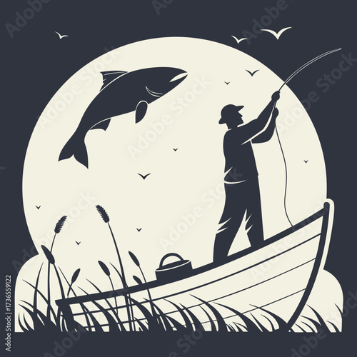 Fisherman catching a fish on a boat with birds flying around in vector art