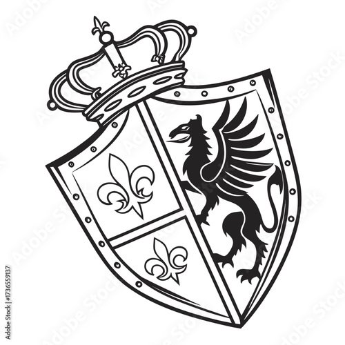 Heraldic shield with griffin and fleurdelis