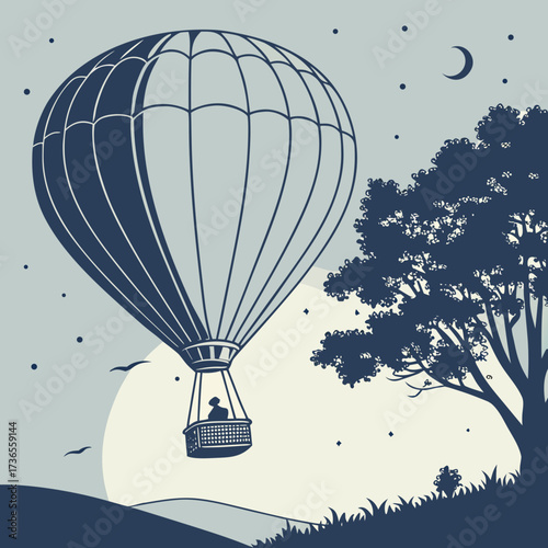 Hot air balloon flying at night with stars, moon, and a tree silhouette
