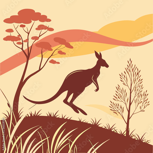 Kangaroo silhouette jumping in the australian outback landscape illustration