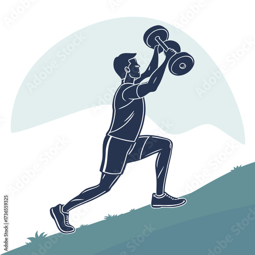Man lifting dumbbells uphill, fitness and exercise