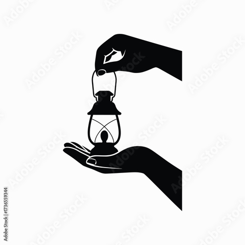 Silhouette of hands holding an old-fashioned oil lantern on a white background oil lamp kerosene lamp