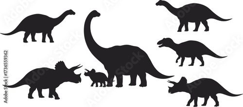 Silhouette dinosaurs including Brachiosaurus, Triceratops, Tyrannosaurus rex, and juvenile species illustration for prehistoric wildlife, Jurassic era, fossil science, and ancient nature design