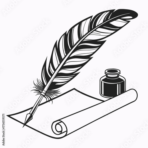 Quill pen and inkwell on a scroll