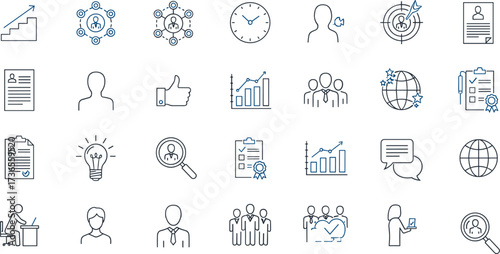 Business icons set, teamwork, communication, leadership, growth, innovation, networking, global reach, professional profile, certification, analytics, collaboration 