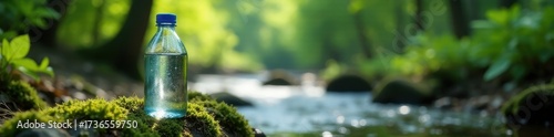 Close-up of water sample bottle in forest setting, leaves and stream visible, field work, scientific, macro