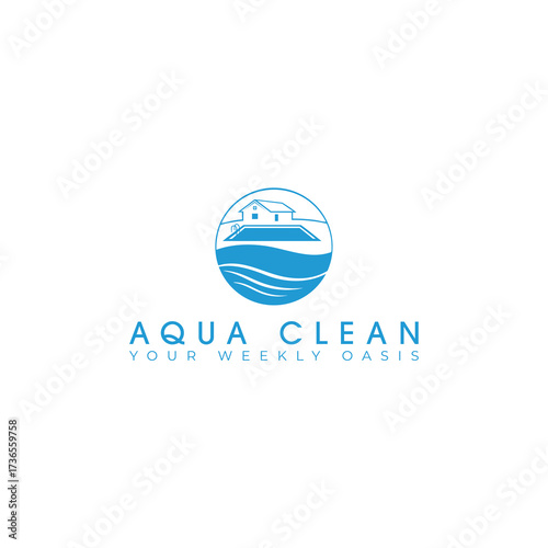 A logo for pool services featuring a clean, circular design. It showcases a house and pool above gentle waves, symbolizing a tranquil backyard oasis and the convenience of professional care.