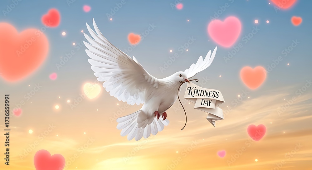Fototapeta premium White dove carries 'Kindness Day' banner amidst glowing hearts and sunset sky