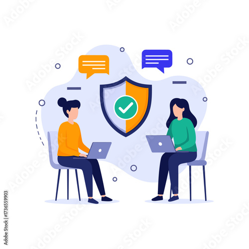 Two people working together on laptops with a security shield icon in the center.