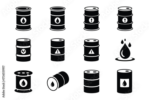 Collection of diverse oil barrel icons representing industry and energy resources.