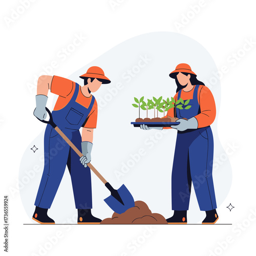 Two farmers planting young seedlings in the garden for a successful harvest.