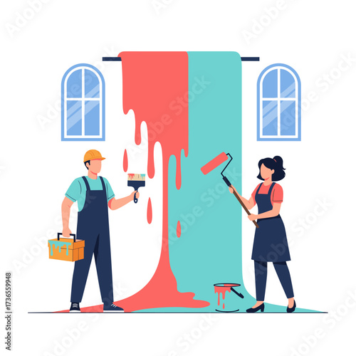 Two professional painters working on painting a wall with two different colors on a house interior.