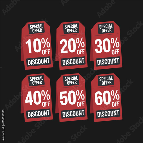 Six red discount tags showing percentages from 10% to 60% off on black background sale offer