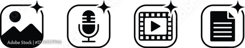 set of multimedia file format icons for image audio video and document with sparkling magic effect vector illustration.