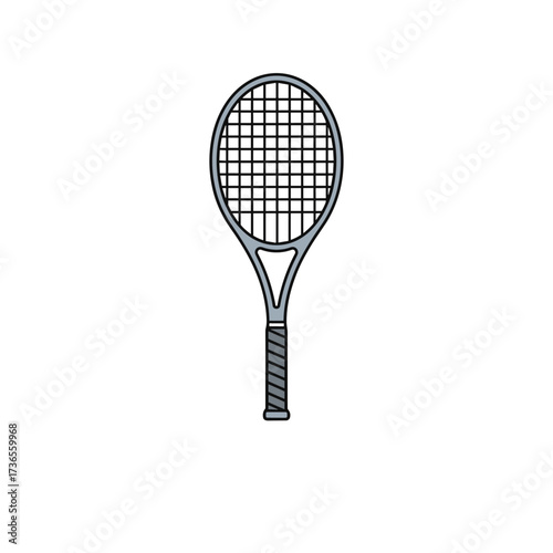 A classic tennis racket with a grey frame and strings on a white background.