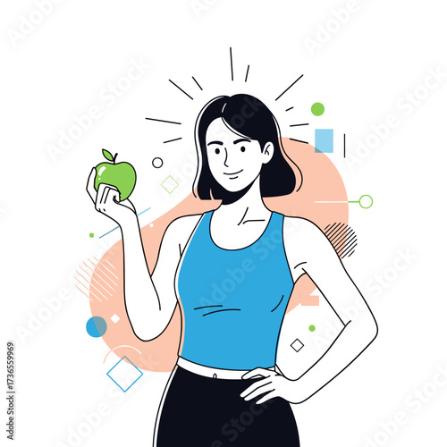 A healthy woman confidently holding a fresh green apple and radiating good health and vitality.