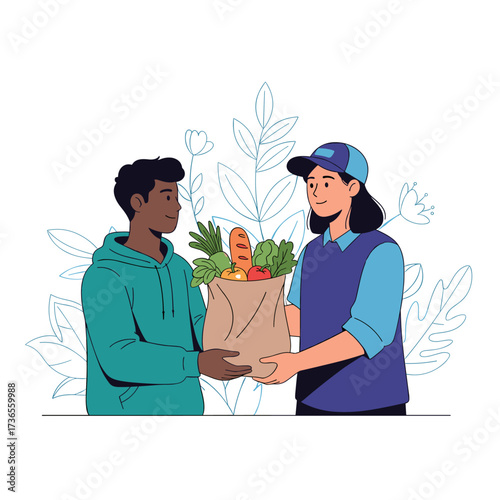 Customer receiving a bag of groceries from a delivery person.