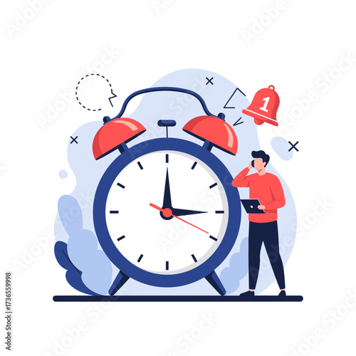 A person is looking at a large alarm clock while holding a tablet and a notification icon is visible in the corner of the image.