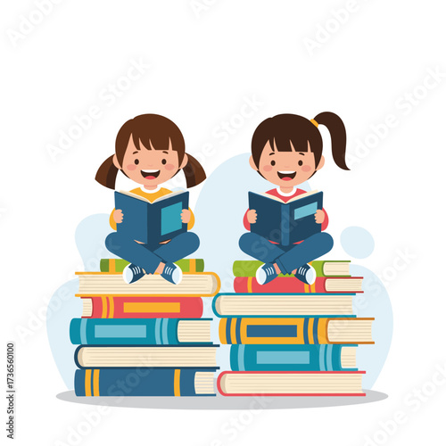 Two happy young children enjoying books while sitting on piles of books.
