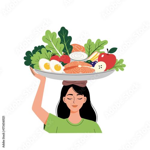 A woman balances a large platter of fresh healthy food on her head featuring vegetables fruits and fish.