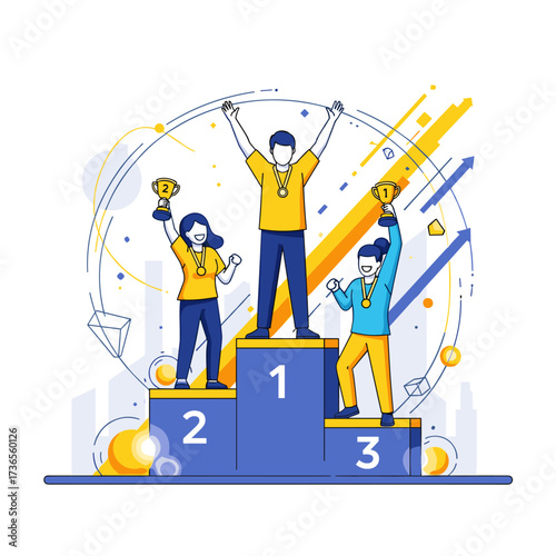 Successful athletes celebrate their victory on the winners podium with trophies and medals.