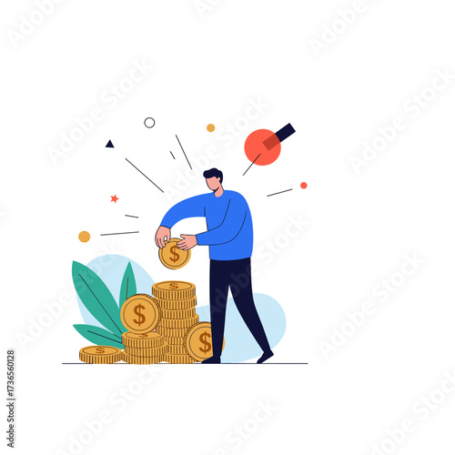 A man is stacking coins in a pile, representing savings and financial growth.