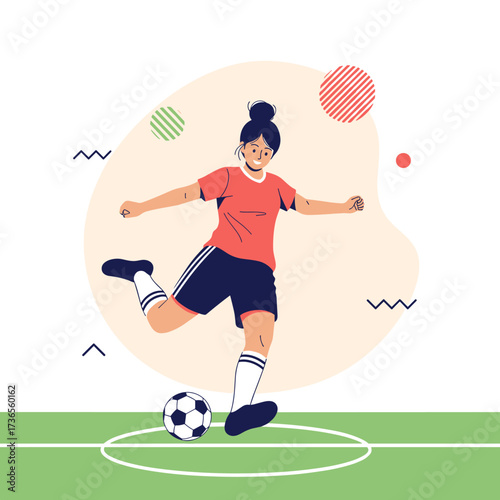 A young woman with her hair in a bun is kicking a soccer ball during a game.