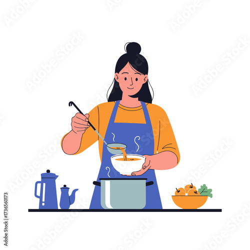 A woman carefully ladles steaming soup from a pot into a bowl.