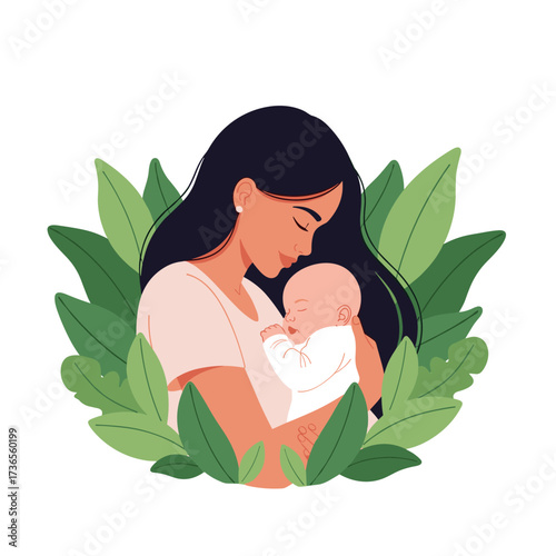 A loving mother cradles her newborn baby surrounded by lush green leaves a symbol of nurturing and new beginnings.