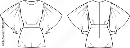 Avant garde fashion dress illustration, technical sketch, dramatic cape sleeves, short fitted skirt, modern couture design, runway style, garment drawing, apparel concept