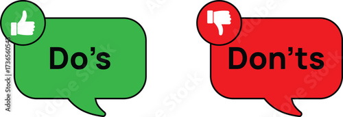 Do's and don'ts speech bubbles with thumbs up and down symbols for checklist rules advice or recommendation concept vector illustration.