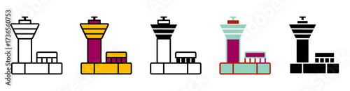 collection of airport control tower icons in different styles, including outline, filled, flat, and colored versions. Ideal for aviation, airport navigation, travel, and transportation design.