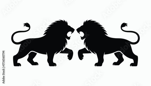 Two black silhouette lions facing each other with open mouths on white vector illustration