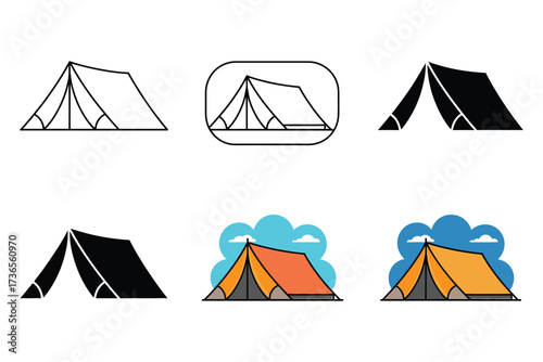 Collection of diverse tent icons representing camping and outdoor adventure