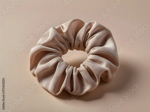 satin hair scrunchie in beige, against neutral background