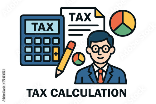 Tax professional calculating taxes with calculator and pie charts