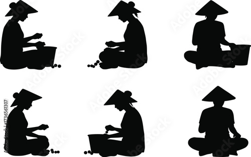 Silhouette farmer wearing conical hat sitting on stool sorting produce basket agricultural work rural lifestyle traditional culture vector illustration design