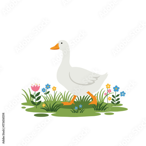 A charming cartoon illustration of a white goose with an orange beak walking through a patch of colorful flowers and green grass.