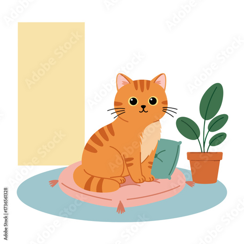 A charming cartoon orange tabby cat with big eyes sitting attentively on a pink tassel cushion.