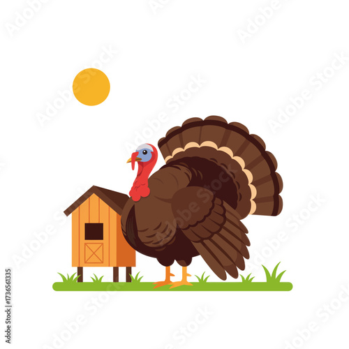 A large brown cartoon turkey with a fanned tail, red wattle, and blue head standing on a farm next to a small wooden coop.