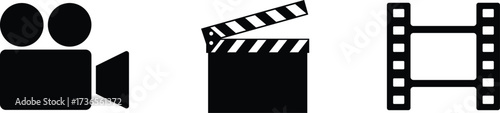 Solid black vector film cinema production icons, movie camera, clapperboard, film reel set for media and entertainment ui ux vector illustration.