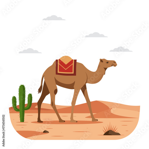 Cartoon Camel with Saddle in Desert Landscape, Side View, Flat Design.