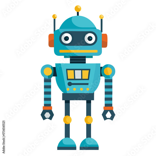 Whimsical cartoon robot character beaming with futuristic charm, perfect for children's content, educational materials and playful tech designs, sparking imagination and innovation