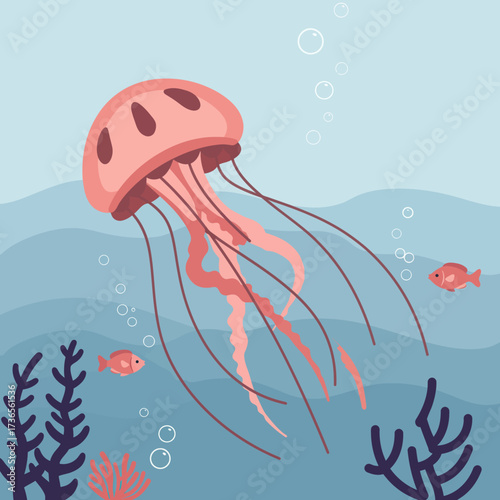 Cartoon Illustration of a Pink Jellyfish with Long Tentacles Swimming Underwater.