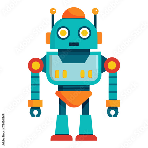 Playful vintage robot character with bright colors brings cheerful retro futuristic vibes, perfect for tech startups, children's content, and innovative product design projects